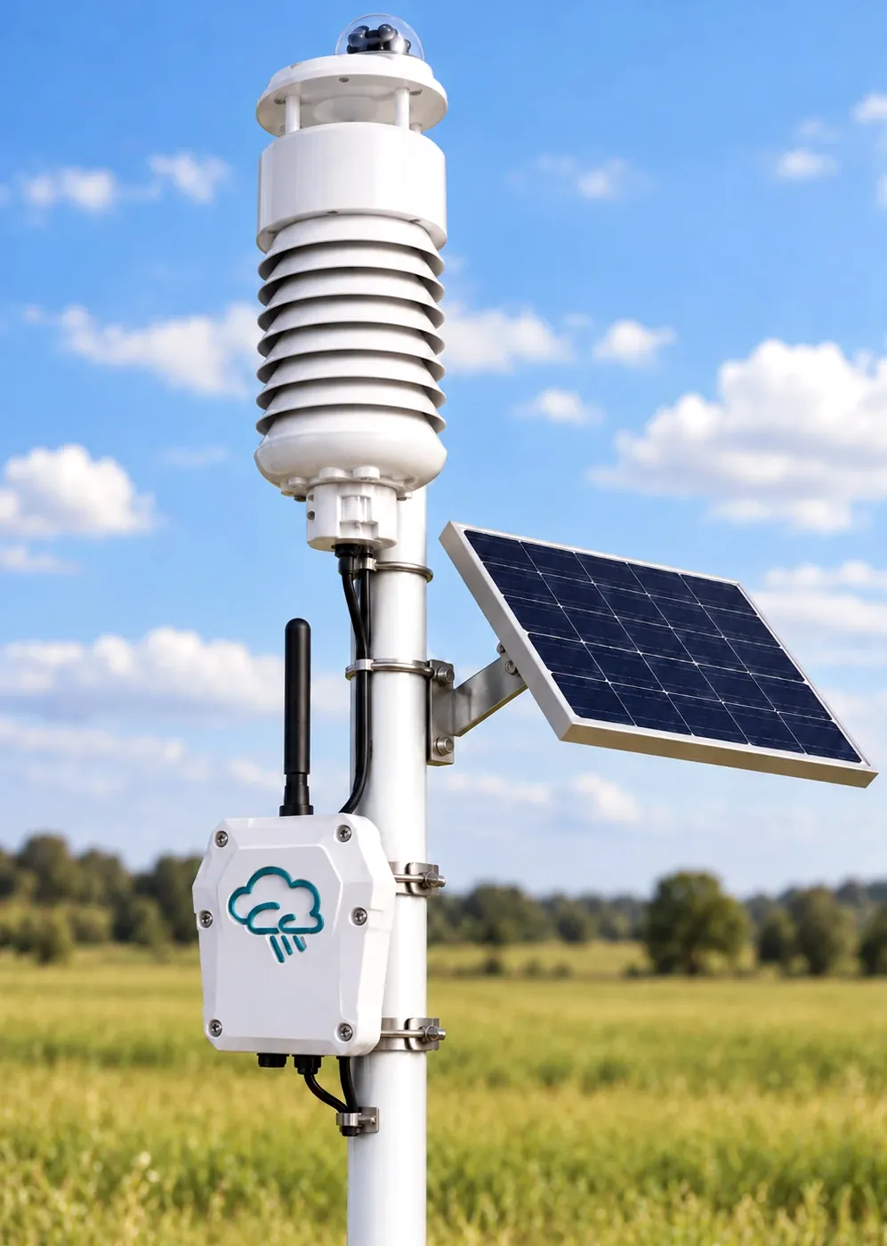 A RainBrain weather station on a pole in a field, with its data logger and a solar panel